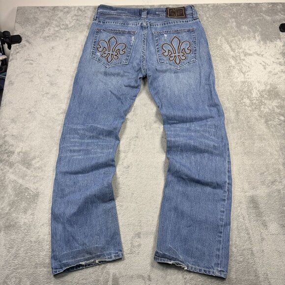 Y2K JNCO Boot Cut Jeans Mens Distressed Light Wash Denim Embroidered Skater Vtg - Picture 1 of 14